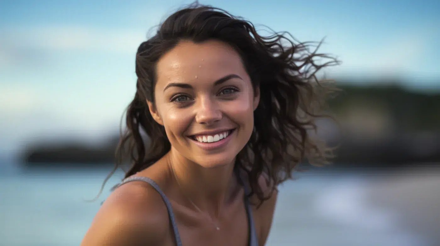 Young woman smiles happily while on vacation with the beach in the background juvederm
