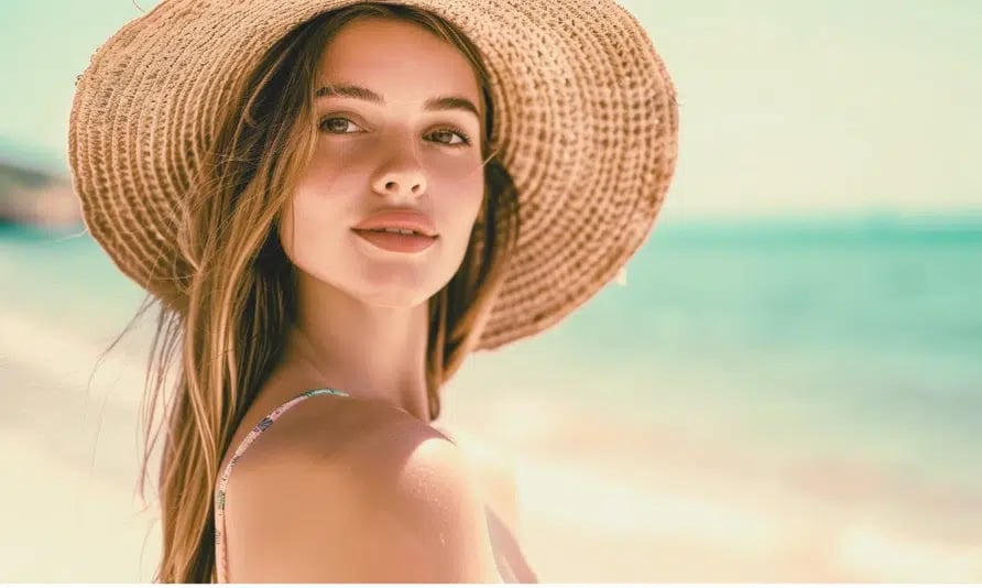 pretty brunette wearing straw hat beach